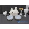 Image 1 : Rooster Serving Dish (Missing Ladle), Bird in a Nest Dish, Milk Glass Bowls