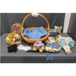Dolls, Teddy Bears and More in a Basket