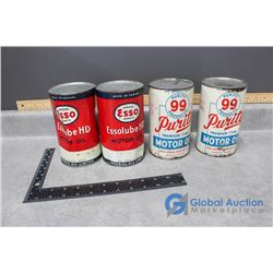 (2) One Quart Purity 99 Motor Oil Tin Cans & (2) One Quart Esso Motor Oil Tin Cans