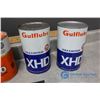 Image 3 : One Quart Orange Gulf Motor Oil Cardboard Can & (3) One Quart Blue Gulf Motor Oil Tin Cans