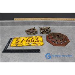 1967 Saskatchewan License Plate, Pulleys & Cast Iron Lamp Base