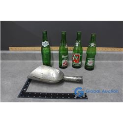 Vintage Green Glass Pop Bottles & Metal Ice Scoop