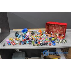 Red Box of Misc Toys - Smurfs, Muppets, Superheroes, Cars, Trolls, Flinstones, TMNT