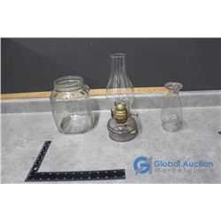 Vintage Glass Oil Lamps w/(2) Shades & Glass Jar