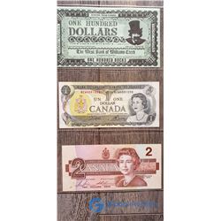 1973 One Dollar Bill, 1986 Two Dollar Bill & 100 Bucks Barkerville Bill