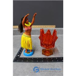 Vintage Aloha Hawaii Doll & Red/Yellow Art Glass