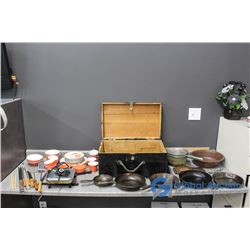 Cast Iron Pans, Dishes, Toastess Electric Pan, Wooden Box w/Latch & Related