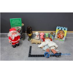 Vintage Kids Toys & Walking Santa in Box