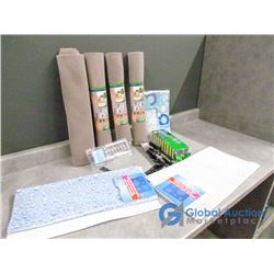 (4) Rolls of Drawer/Shelf Liners, (2) Bathroom Floor Mats, Plastic Shower Curtain w/(12) Curtain Rin