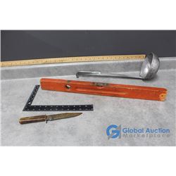 Vintage Wood Level, Ladle & Hunting Knife
