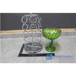 Metal Spice Rack & Green Carnival Glass Dish