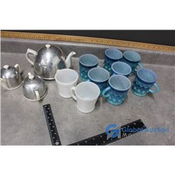 (9) Fireking Cups & Porcelain Tea Set