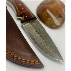 8 1/2" Inlaid Wood Handle Damascus Hunting Knife With Stitched Leather Sheath