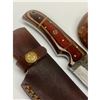 Image 2 : 8 1/2" Inlaid Wood Handle Damascus Hunting Knife With Stitched Leather Sheath
