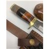 Image 4 : 10" Inlaid Wood & Brass Handle Damascus Hunting Knife With Stitched Leather Sheath