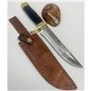 Image 1 : 11 1/2" Inlaid Wood & Brass Handle Damascus Hunting Knife With Stitched Leather Sheath