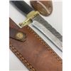 Image 3 : 11 1/2" Inlaid Wood & Brass Handle Damascus Hunting Knife With Stitched Leather Sheath