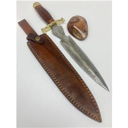 15 1/2" Brass & Wooden Handled Damascus Shive Sword With Stitched Leather Sheath