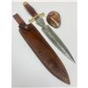 Image 1 : 15 1/2" Brass & Wooden Handled Damascus Shive Sword With Stitched Leather Sheath