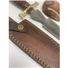 Image 3 : 15 1/2" Brass & Wooden Handled Damascus Shive Sword With Stitched Leather Sheath