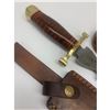Image 4 : 15 1/2" Brass & Wooden Handled Damascus Shive Sword With Stitched Leather Sheath