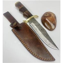 11 1/2" Inlaid Wood Handle Damascus Hunting Knife With Stitched Leather Sheath