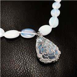 Hand Knotted Mother Of Pearl Colored Beaded Necklace With Rose Floral Pendant