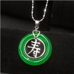 White Gold Plate Chinese Green Jade Circle Longevity Pendant Marked 18 Karat White Gold Plate