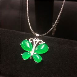 Asian Green Jade Butterfly Pendant Accompanied By 925 Sterling Silver Necklace