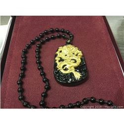 Natural Black And Gold Obsidian Asian Dragon Medallion on a Black Jade Bead Necklace