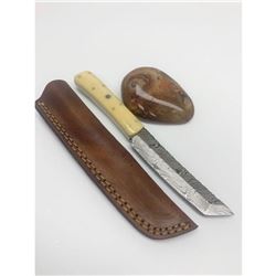 8 1/2" Inlaid Bone Handle Damascus Shive With Stitched