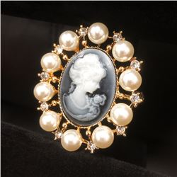 Grey And Gold Pearl Cameo Broach With Silhouette Of A Beauty
