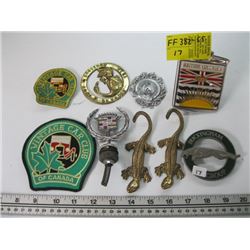 A LOT OF MISC VINTAGE CAR CLUB BADGES, CAR EMBLEMS ETC.