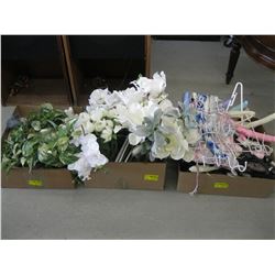 2 BOXES OF ARTIFICIAL PLANTS, BOX OF HANGERS