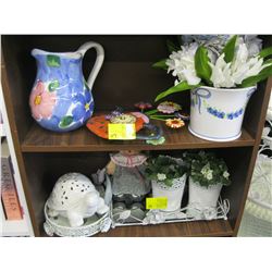 2 SHELVES OF MISC PLANTERS, CLOCKS, CERAMIC TURTLE ETC.