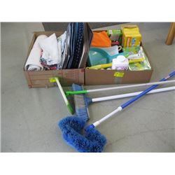 BOX OF ASSORTED BROOMS, DUSTPANS, SWIFFER DUSTER,