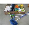 Image 1 : BOX OF ASSORTED BROOMS, DUSTPANS, SWIFFER DUSTER,