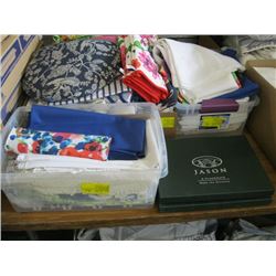 3 BOXES OF ASSORTED PLACEMATS, NAPKINS, WASH CLOTHS ETC.