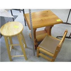 WOODEN STOOL, SMALL CHAIR & TABLE