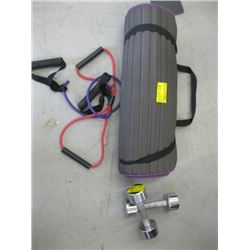 EXERCISE MAT, DUMBBELLS, RUBBER BUNGEES