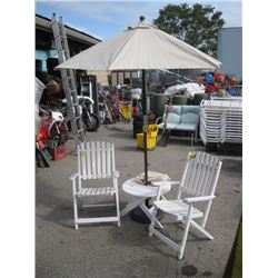 PAIR OF FOLDING CHAIRS WITH A TABLE & UMBRELLA