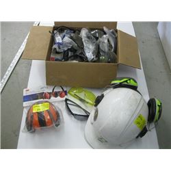 BOX OF SAFETY GLASSES, HARDHAT, EARMUFFS