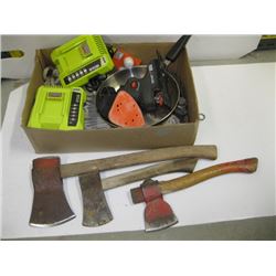 BOX OF MISC RYOBI CHARGERS, HATCHETS, FRYING PAN ETC.