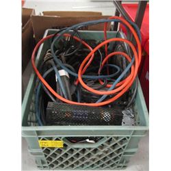 PLASTIC BASKET WITH ASSORTED WIRING, FAN ETC.