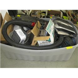 LARGE BIN OF ASSORTED FANS, HEATER, VIOLIN CASE, ROPE ETC.