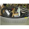 Image 1 : LARGE BIN OF ASSORTED FANS, HEATER, VIOLIN CASE, ROPE ETC.
