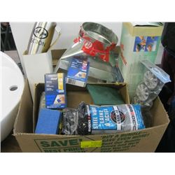 BOX OF MISC WHEELS, WATER BOTTLE, FIRST AID KIT, FIBREGLASS KIT ETC.