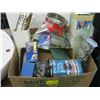 Image 1 : BOX OF MISC WHEELS, WATER BOTTLE, FIRST AID KIT, FIBREGLASS KIT ETC.