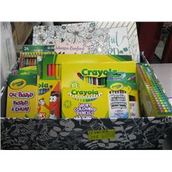 BOX OF CRAYOLA COLORED PENCILS, CRAYONS ETC.