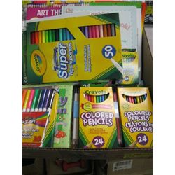 BOX OF ASSORTED CRAYOLA COLORED PENCILS, ART BOOKS